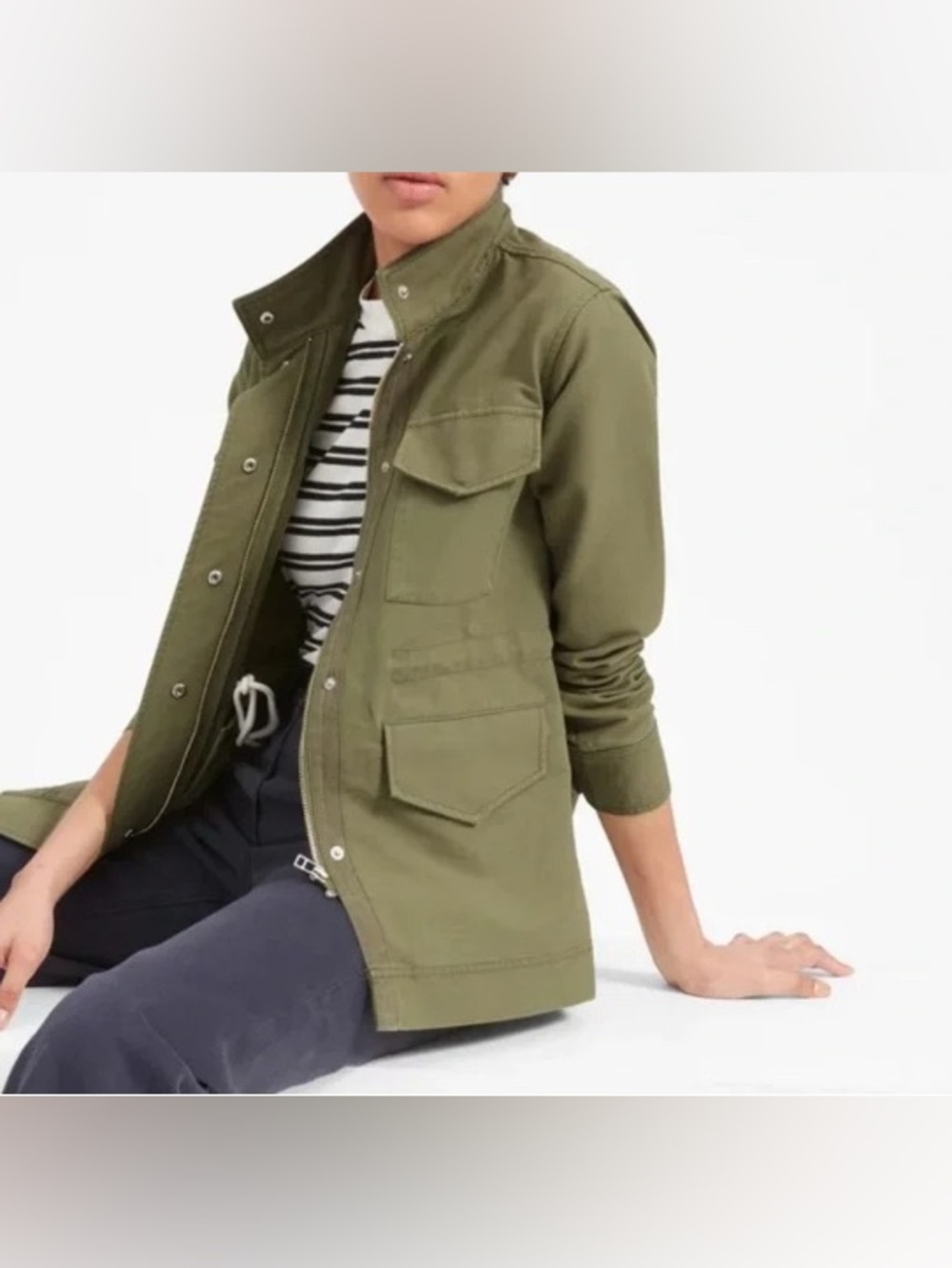 Everlane Modern Utility Jacket in an olive/surplus green shade